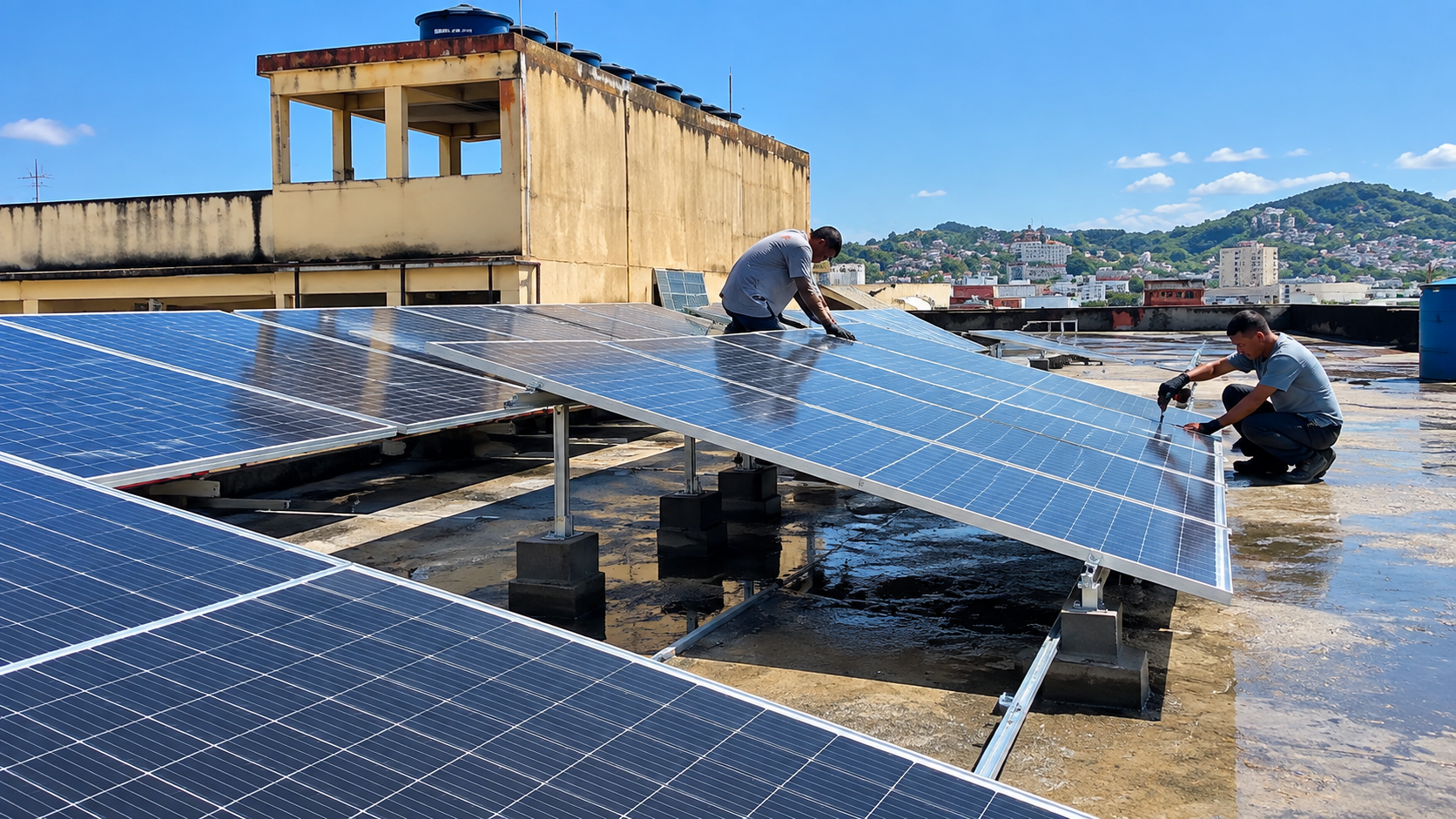 Instalação de painéis da usina de energia fotovoltaica da Maré