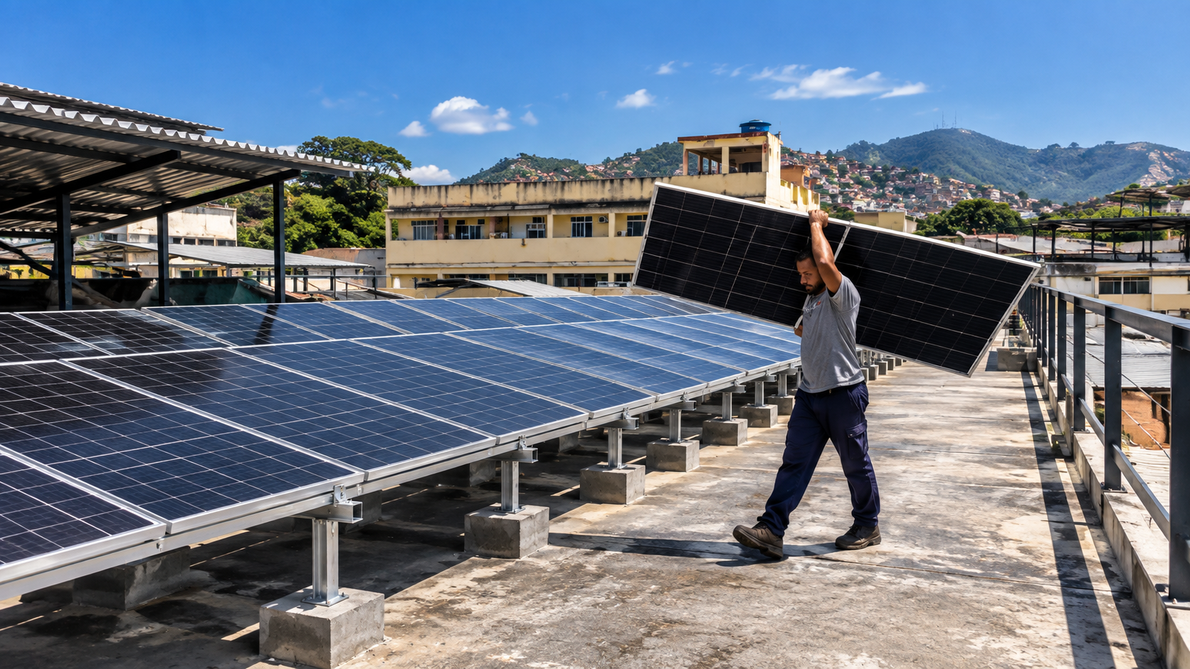 Painéis solares da usina fotovoltaica instalados no telhado